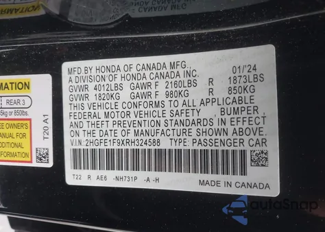 2024 Honda Civic Touring from USA, damaged, VIN 2HGFE1F9XRH324588